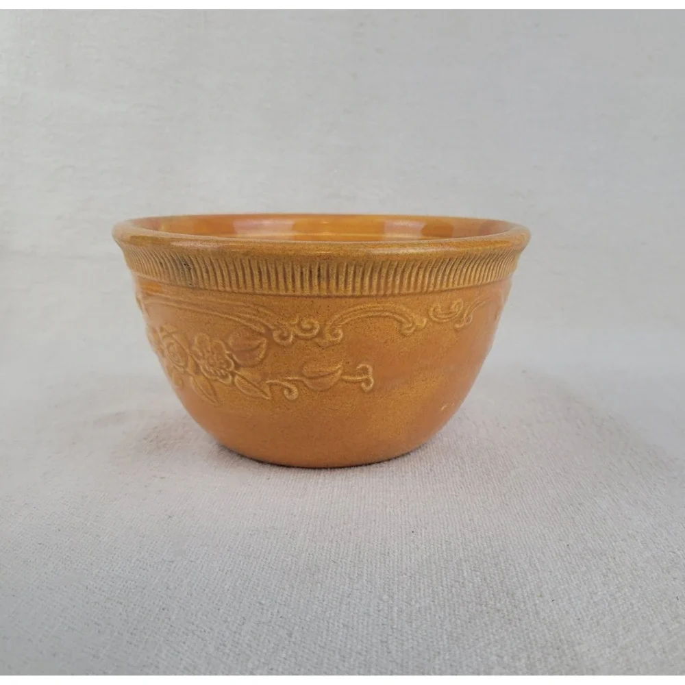 Homer Laughlin Oven Serve Yellow Ware Mixing Bowl Floral Embossed Vintage 6 inch